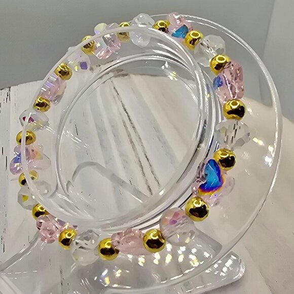 Handmade ✦ Austrian Crystal Bracelet ✦ Pink Butterfly Beads + Gold Accents - Picture 7 of 9